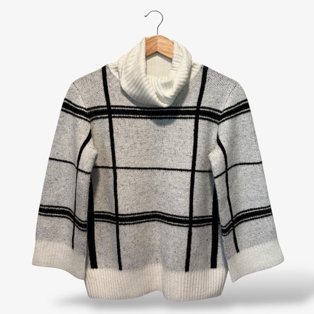 Ann Taylor Factory Black and White Plaid Cowl Neck Sweater